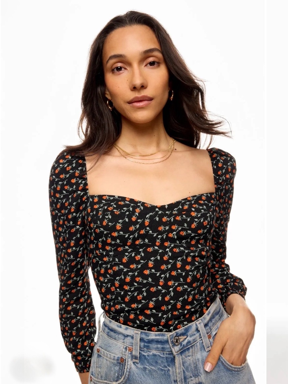 Reformation Black Red Floral Reign Long Sleeve Top Size 2